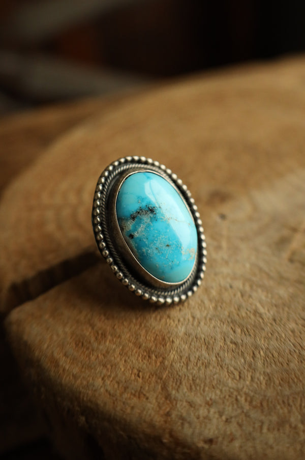 Turquoise Oval Sterling Silver Dots Ring- Adjustable