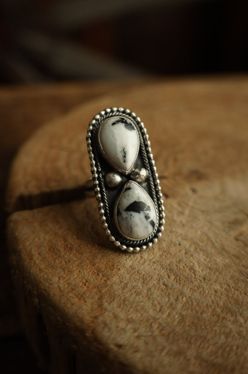2 White Buffalo Teardrops Framed Ring- Adjustable