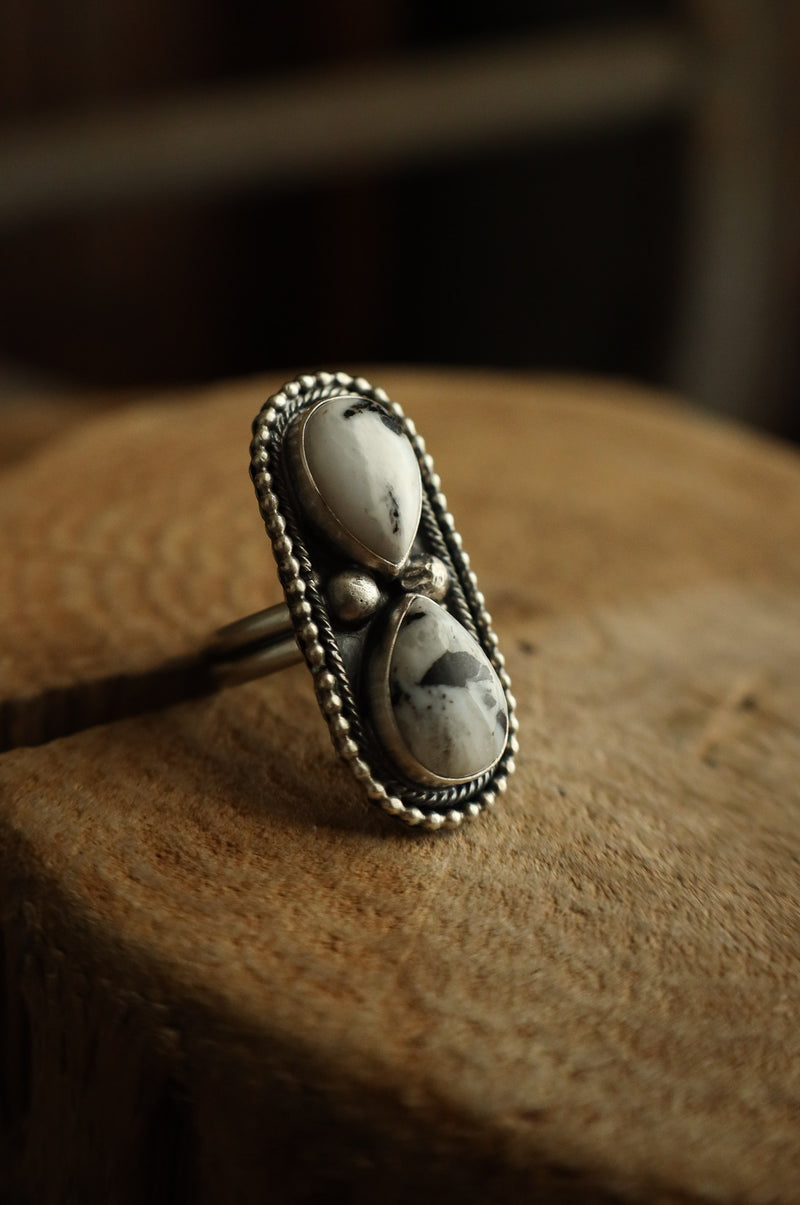 2 White Buffalo Teardrops Framed Ring- Adjustable