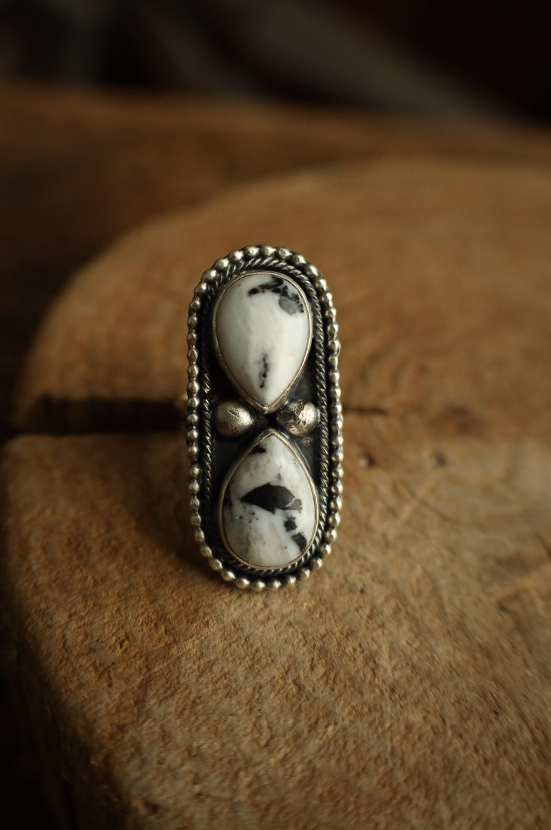 2 White Buffalo Teardrops Framed Ring- Adjustable