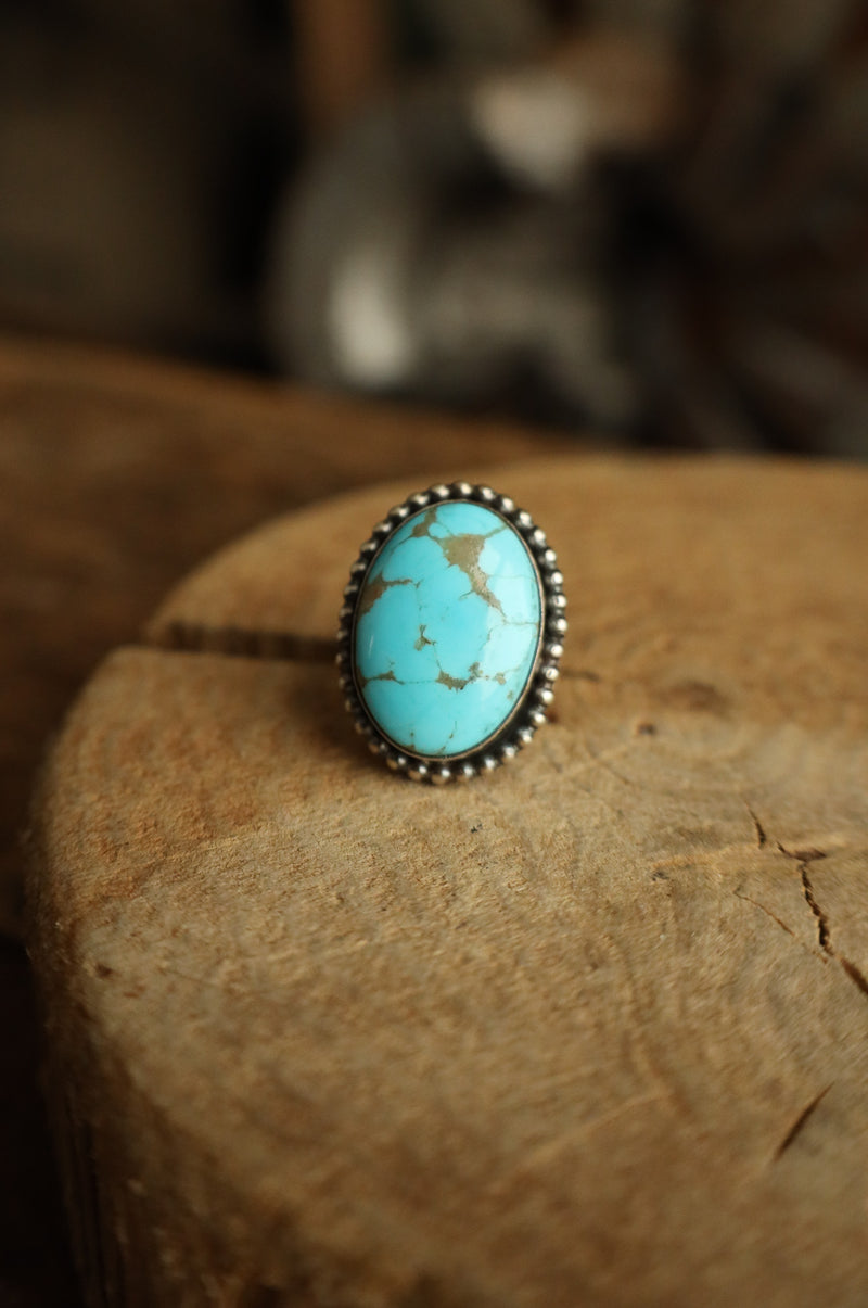 Turquoise and Brown Oval Sterling Silver Dots Ring- Size 7