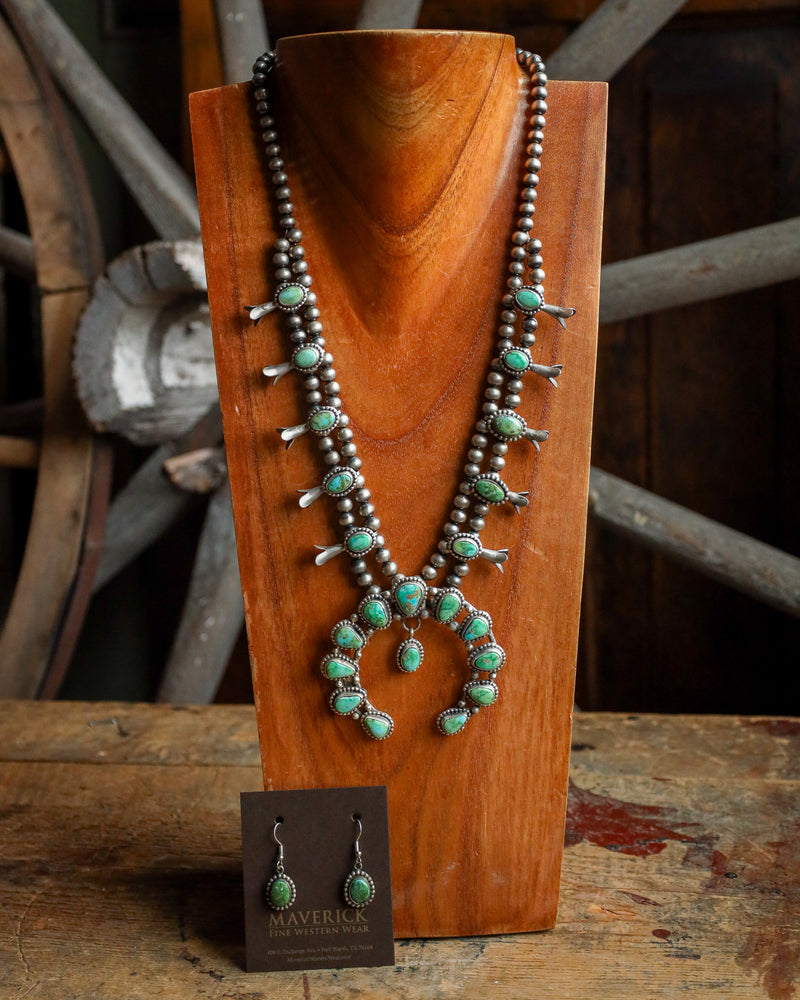 Green Sonoran Turquoise Earring and Squash Blossom Necklace Set 