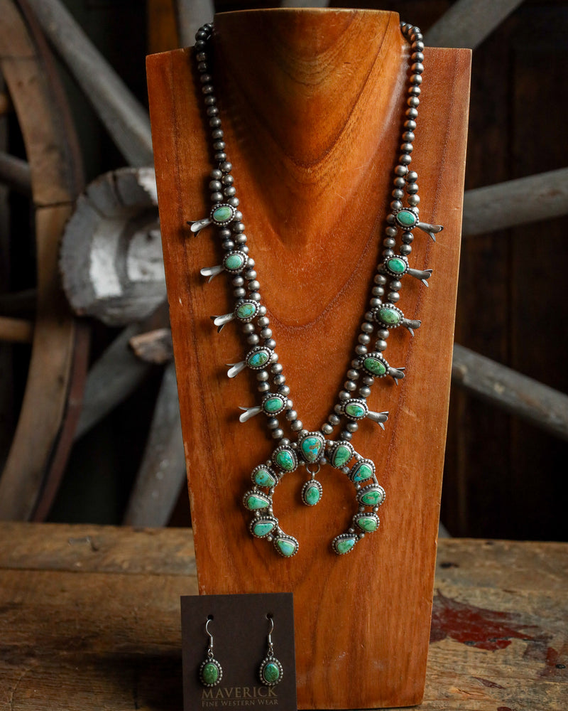 Green Sonoran Turquoise Earring and Squash Blossom Necklace Set 