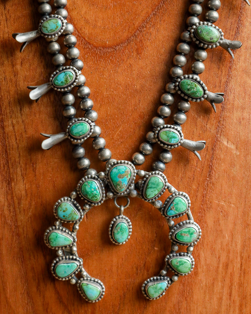 Green Sonoran Turquoise Earring and Squash Blossom Necklace Set 