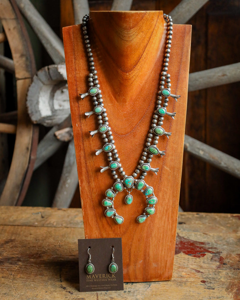 Green Sonoran Turquoise Earring and Squash Blossom Necklace Set 