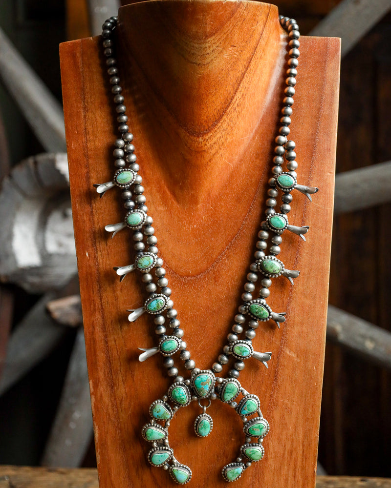 Green Sonoran Turquoise Earring and Squash Blossom Necklace Set 