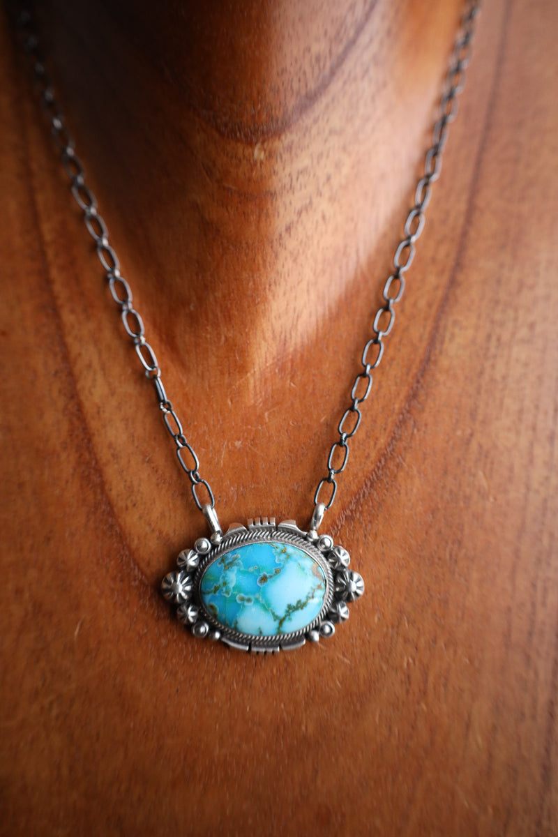 Blue Green Turquoise Oval Framed Necklace 