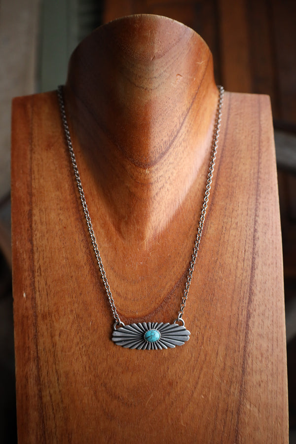 Turquoise On Sterling Silver Oval Rays Necklace 