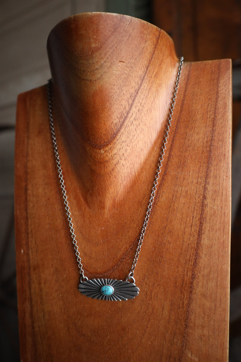 Turquoise On Sterling Silver Oval Rays Necklace 