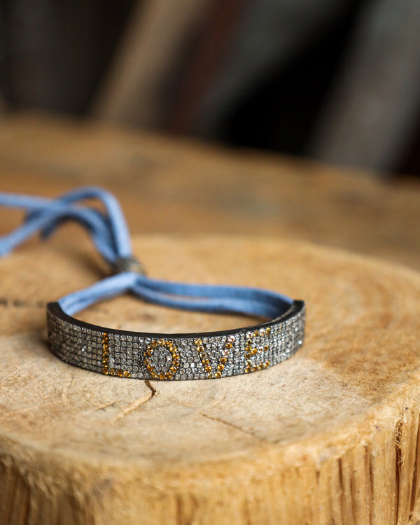 Yellow Love Black Diamonds With Denim Leather Bracelet 