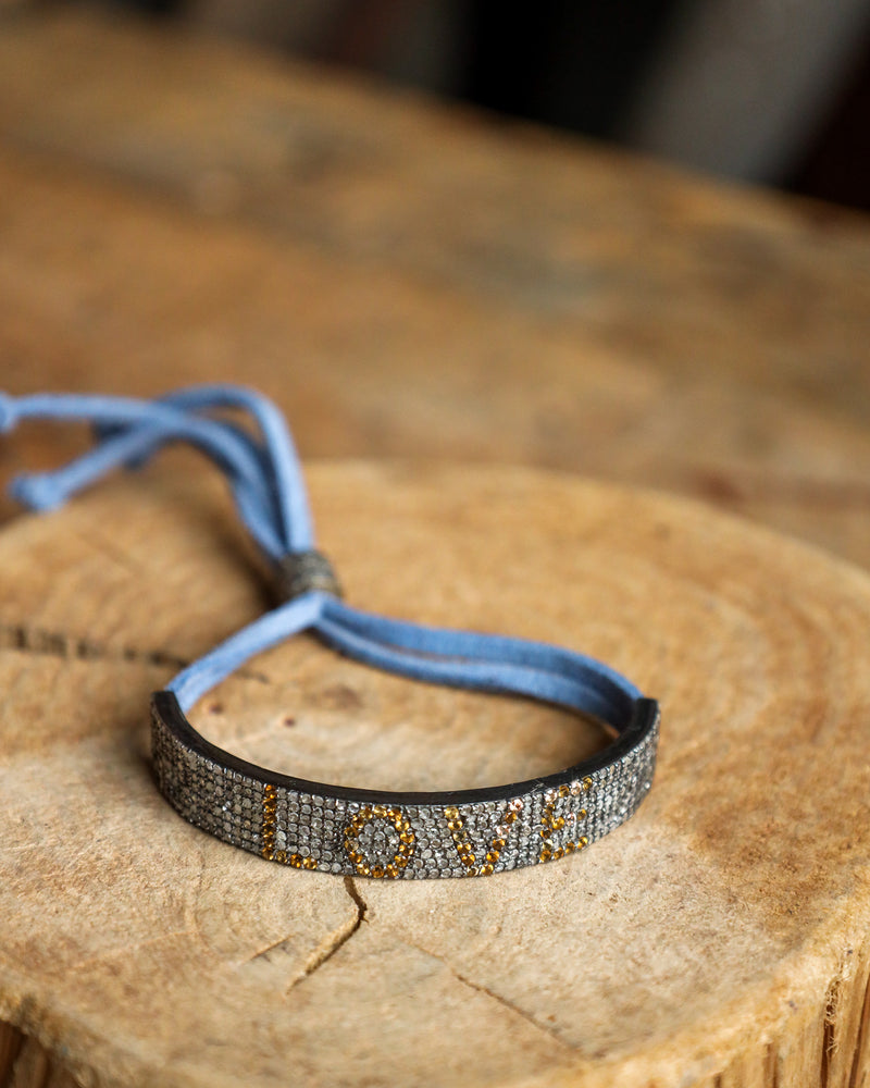 Yellow Love Black Diamonds With Denim Leather Bracelet 