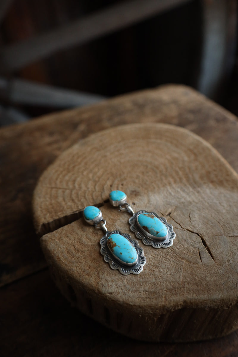 Turquoise On Turquoise Oval Scallop Frame Earring 