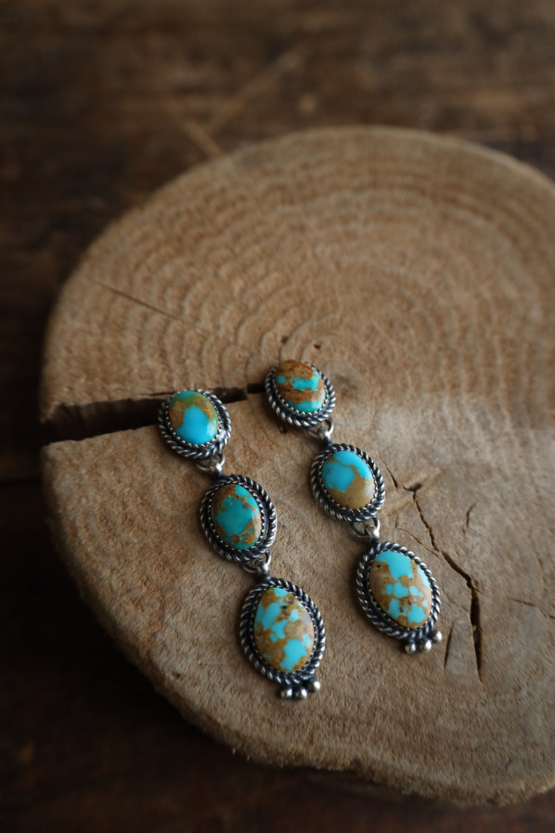 3 Turquoise And Brown Ovals Drop Post Earring 