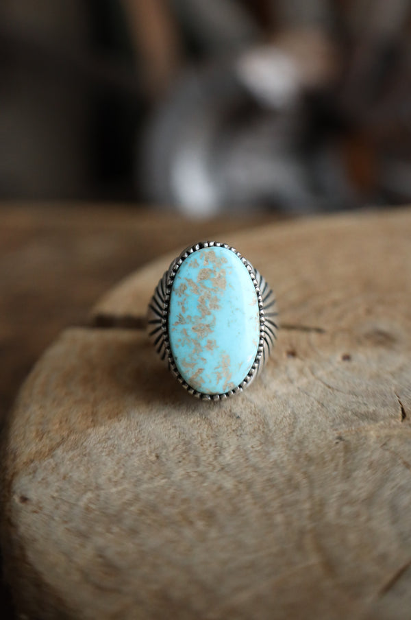 Light Turquoise Oval Rays Band Ring- Size 10