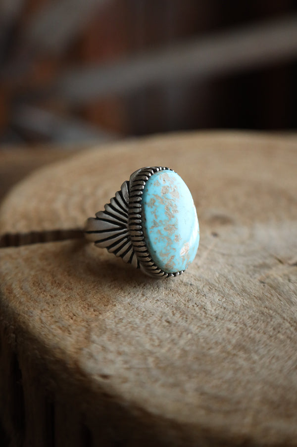 Light Turquoise Oval Rays Band Ring- Size 10