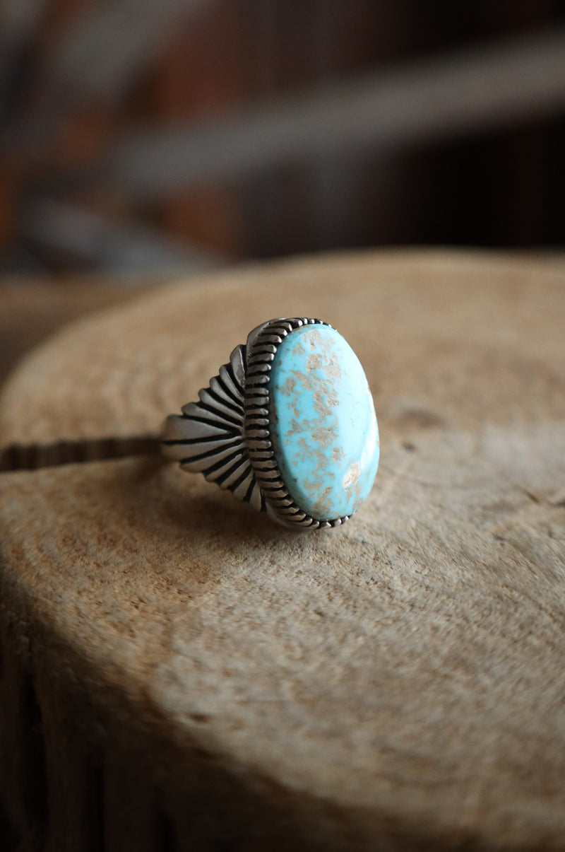 Light Turquoise Oval Rays Band Ring- Size 10