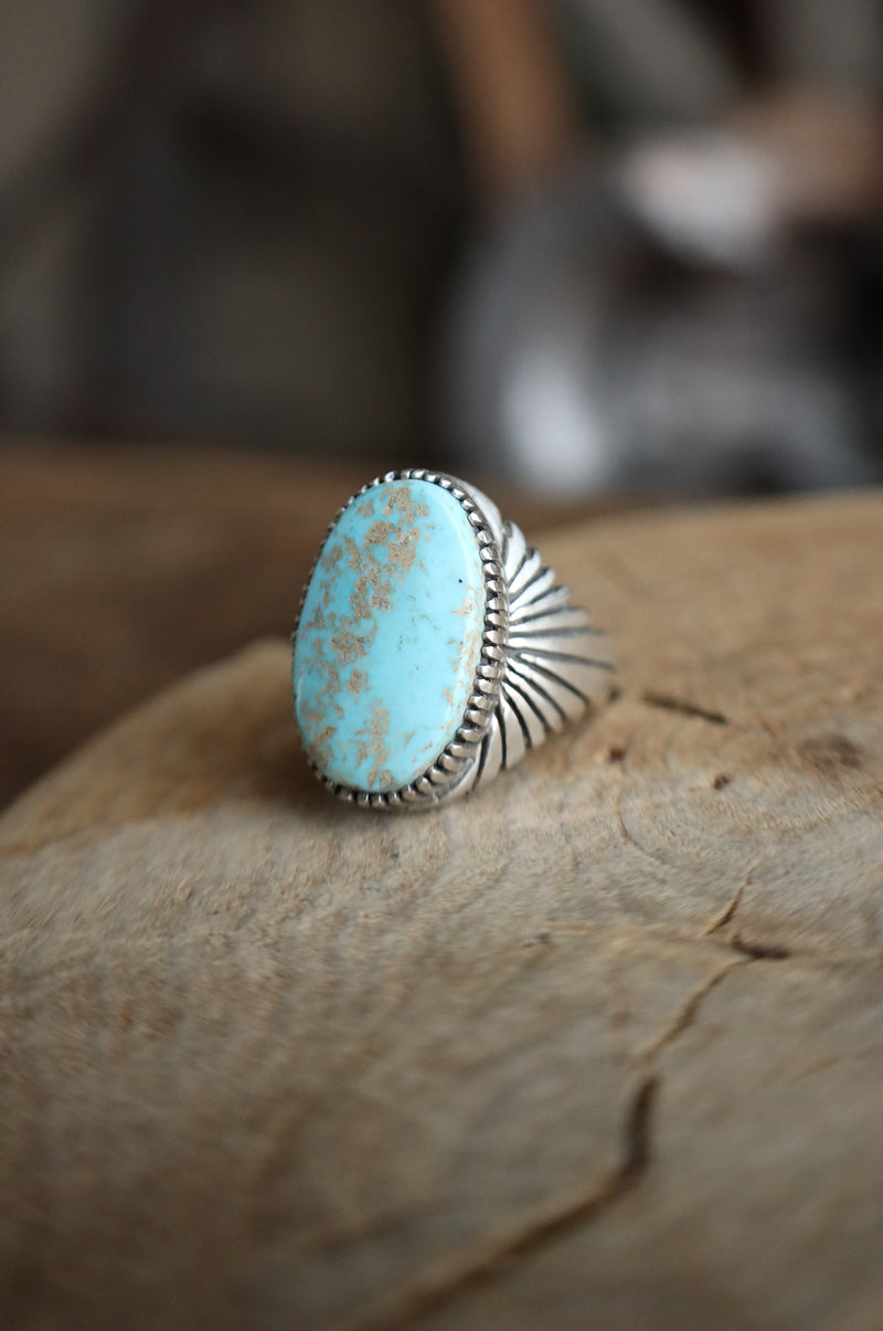 Light Turquoise Oval Rays Band Ring- Size 10