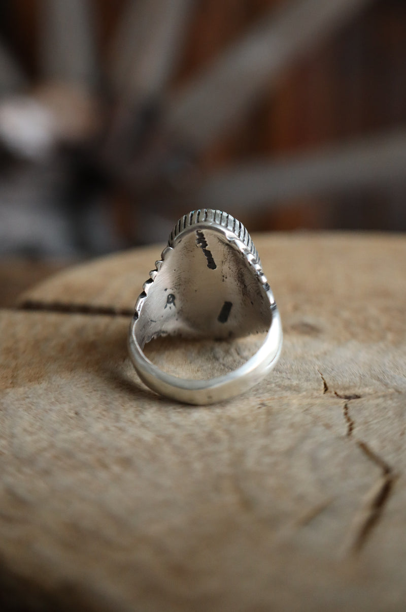 Light Turquoise Oval Rays Band Ring- Size 10