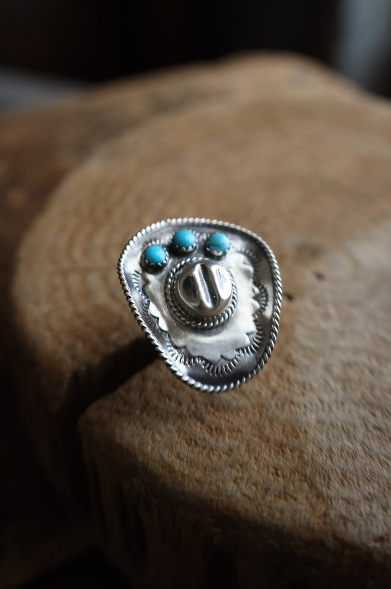 Cowboy Hat 3 Turquoise Dots Ring- Size 7