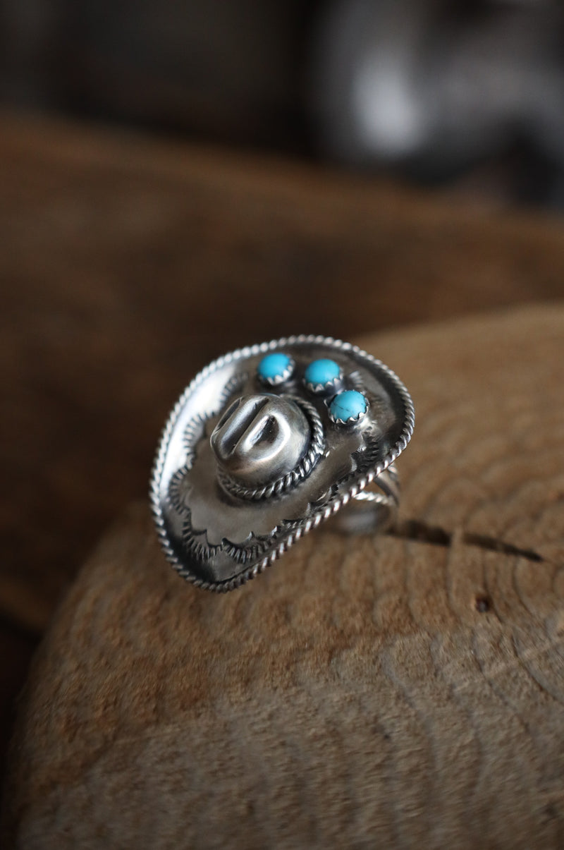 Cowboy Hat 3 Turquoise Dots Ring- Size 7