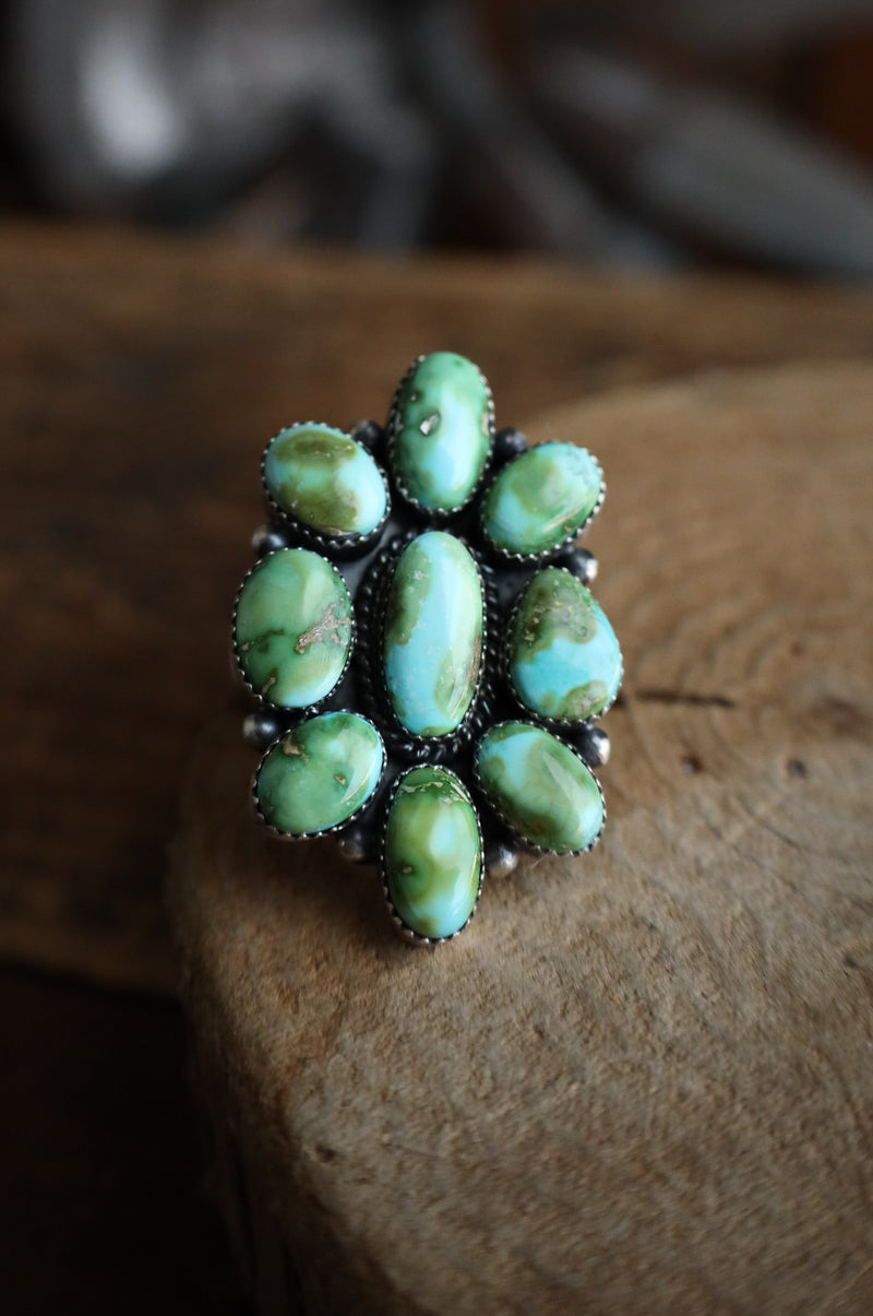 9 Green and Blue Turquoise Cluster Ring- Size Adjustable 