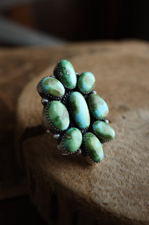9 Green and Blue Turquoise Cluster Ring- Size Adjustable 