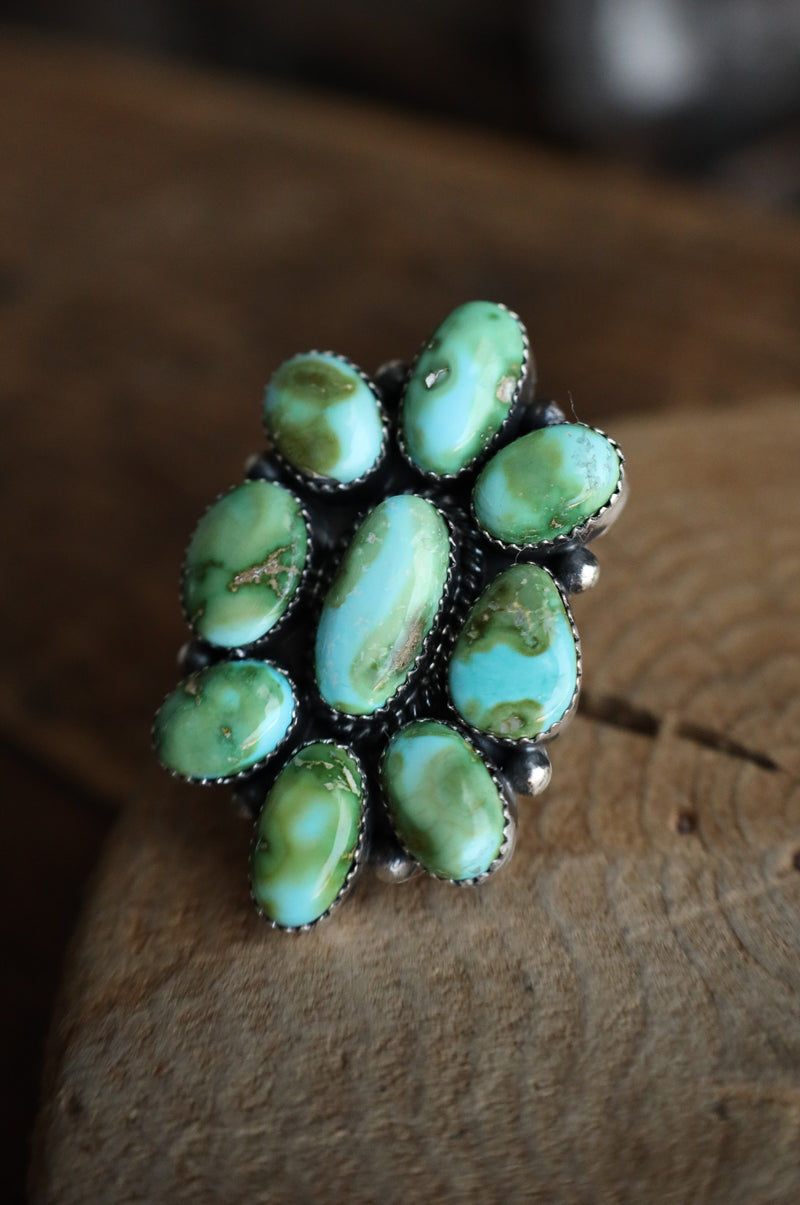 9 Green and Blue Turquoise Cluster Ring- Size Adjustable 