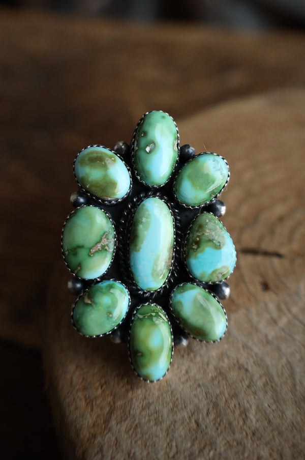 9 Green and Blue Turquoise Cluster Ring- Size Adjustable 