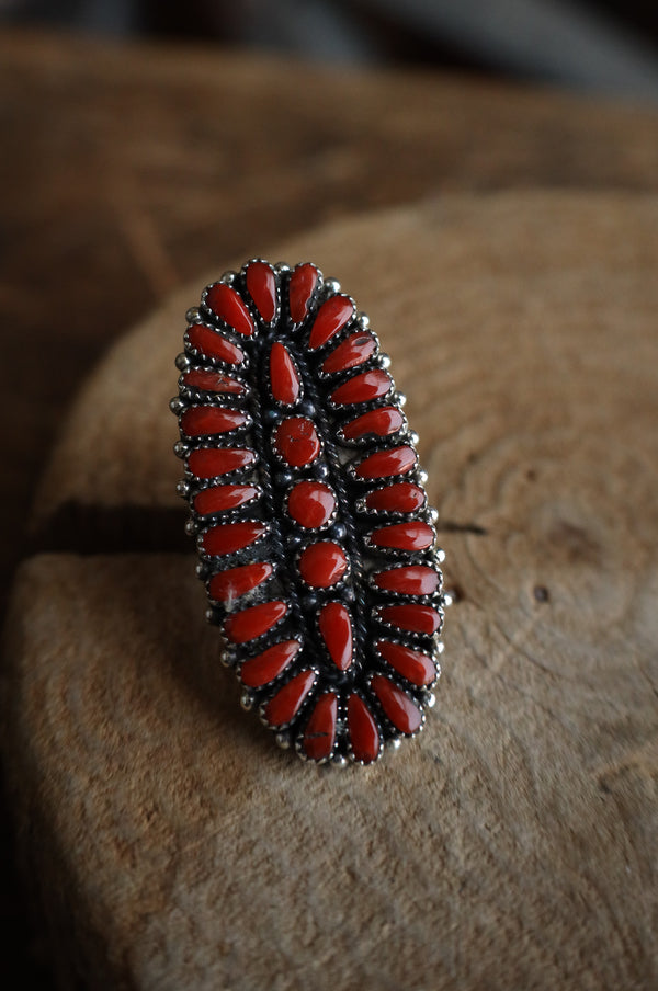 Red Corals Oval Shield Ring- Size 7