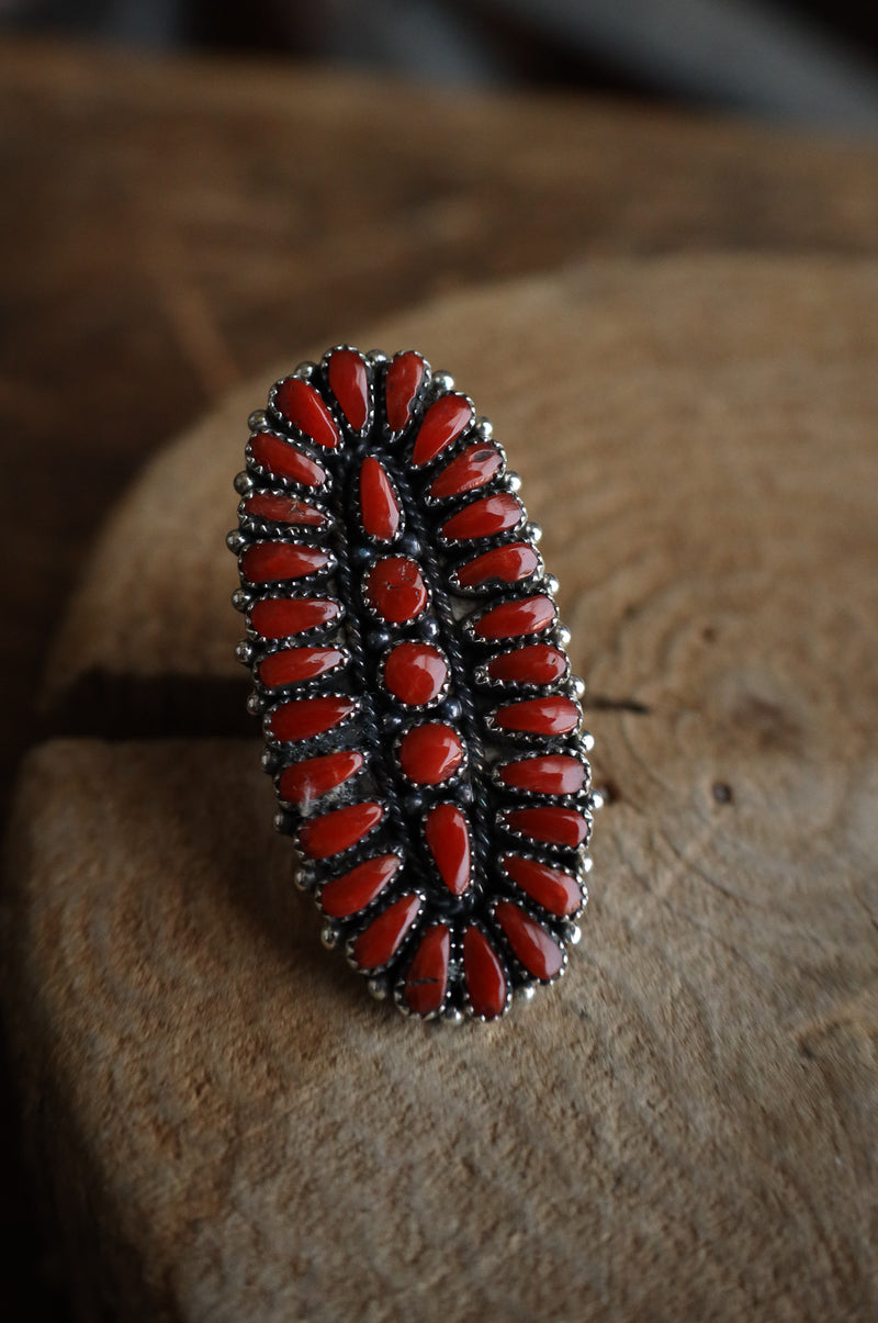 Red Corals Oval Shield Ring- Size 7