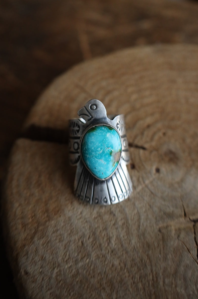 Turquoise On Thunderbird Band Ring- Size 9