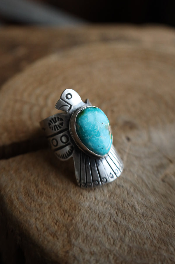 Turquoise On Thunderbird Band Ring- Size 9
