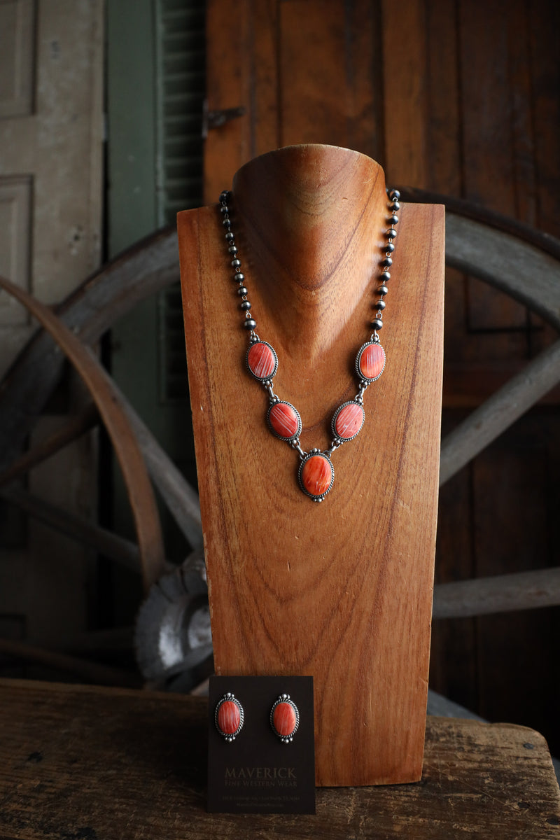 Spiny Oyster Ovals Navajo Pearl Chain Necklace and Earring Set 