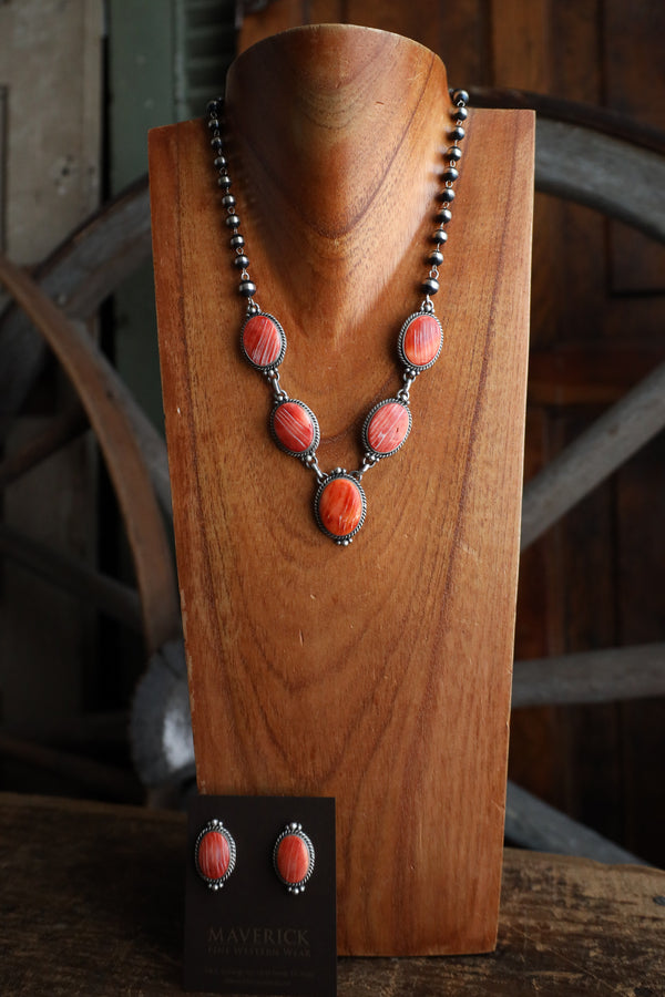 Spiny Oyster Ovals Navajo Pearl Chain Necklace and Earring Set 