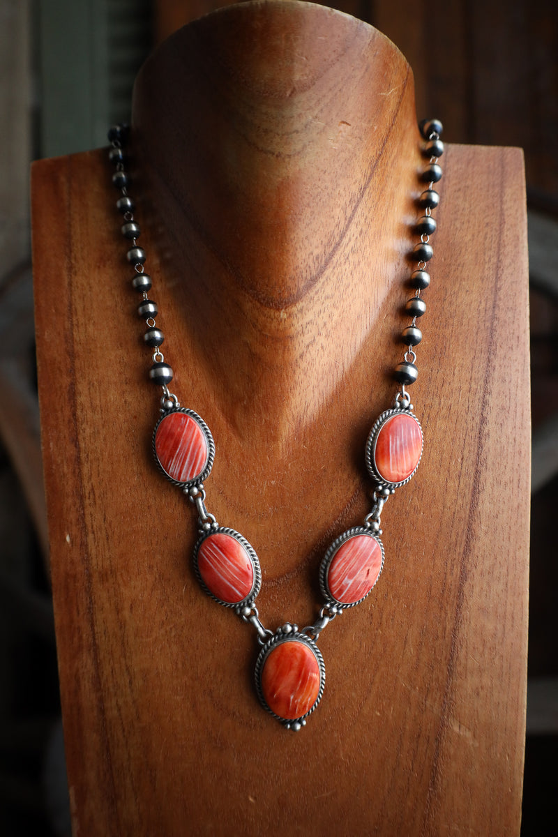 Spiny Oyster Ovals Navajo Pearl Chain Necklace and Earring Set 