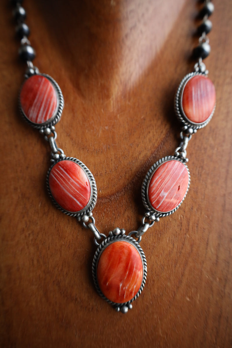 Spiny Oyster Ovals Navajo Pearl Chain Necklace and Earring Set 