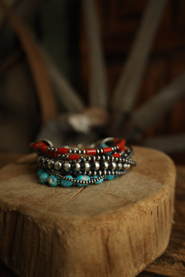 Multi Strand Coral Turquoise Navajo Pearl Bracelet