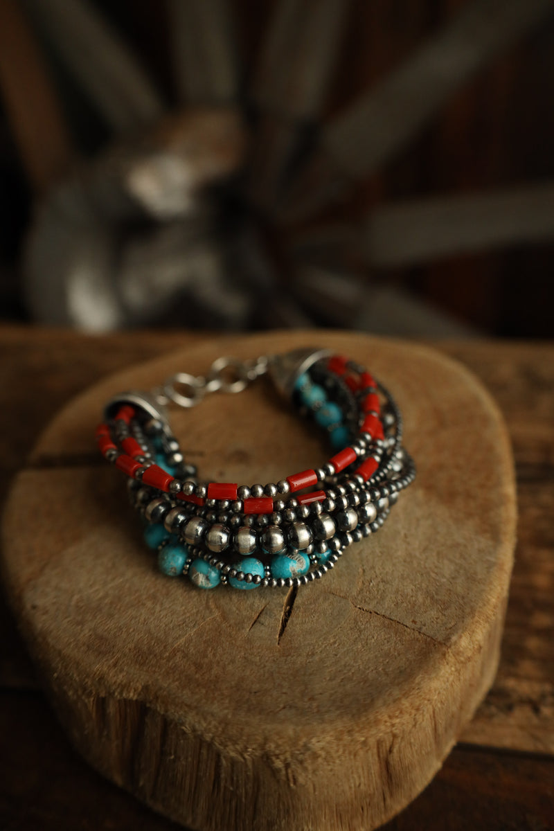Multi Strand Coral Turquoise Navajo Pearl Bracelet