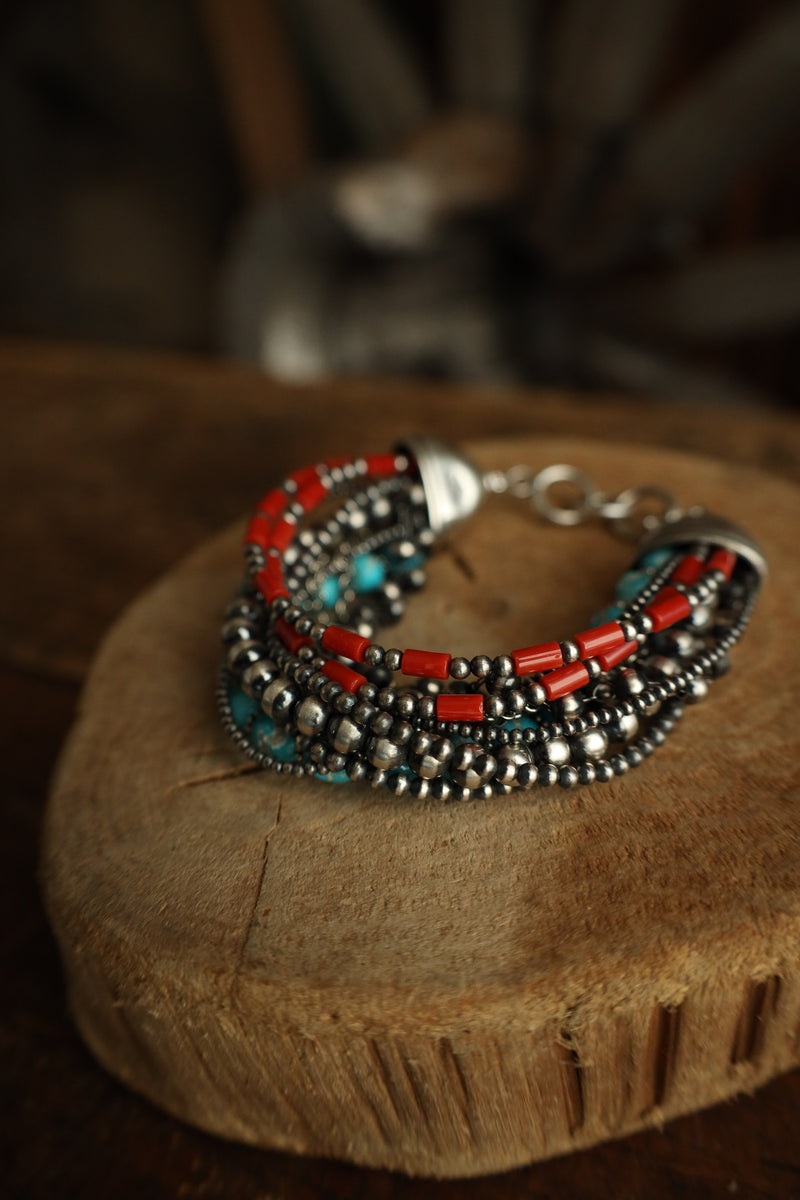 Multi Strand Coral Turquoise Navajo Pearl Bracelet