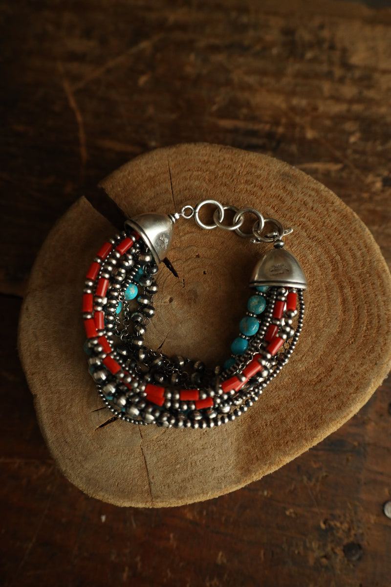 Multi Strand Coral Turquoise Navajo Pearl Bracelet