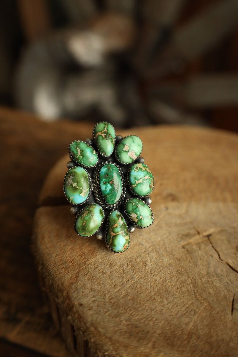 9 Green Turquoise Cluster Ring- Adjustable