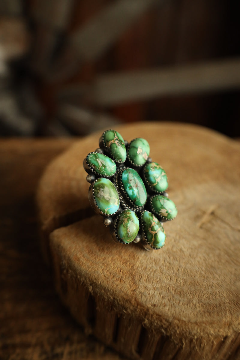 9 Green Turquoise Cluster Ring- Adjustable