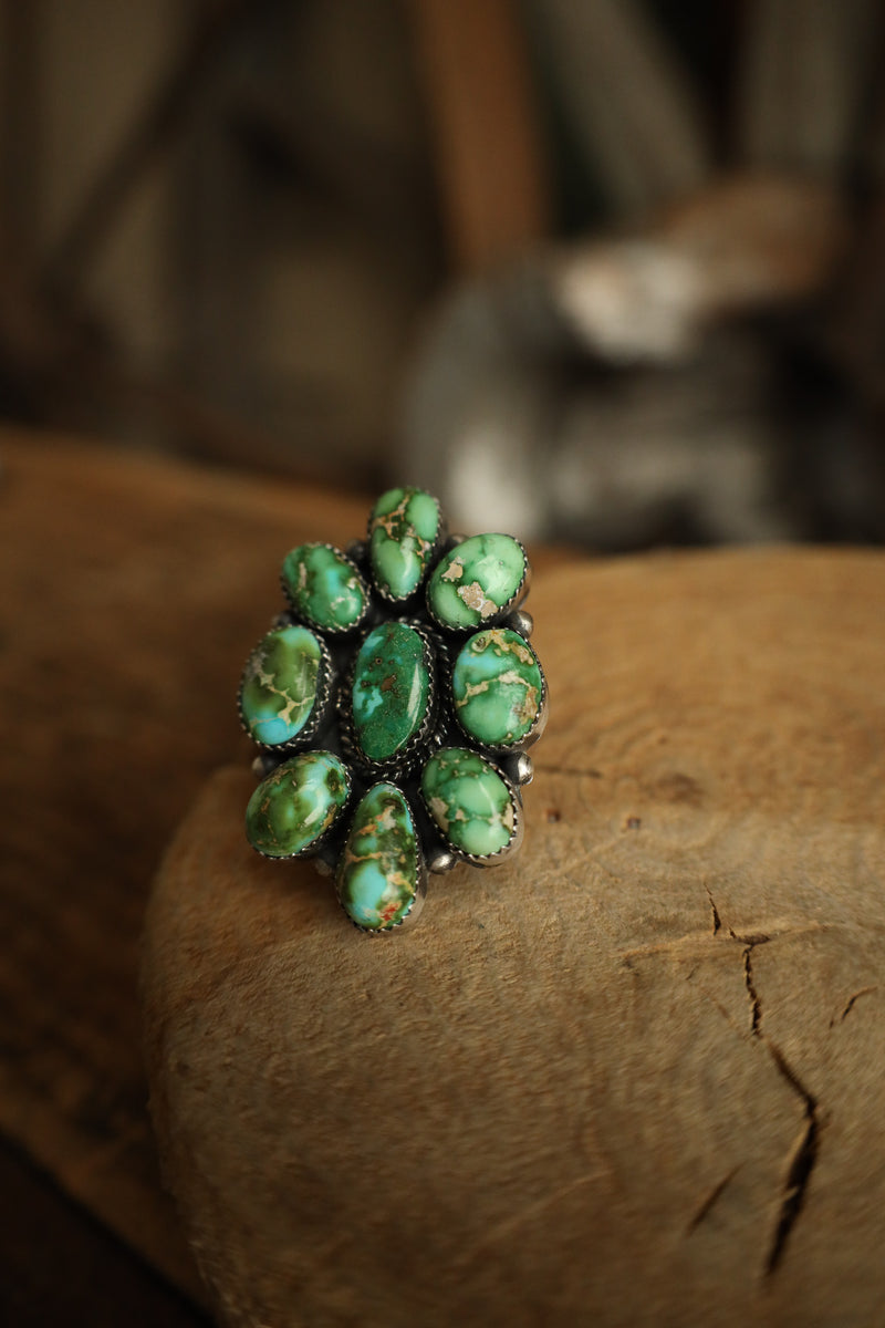 9 Green Turquoise Cluster Ring- Adjustable