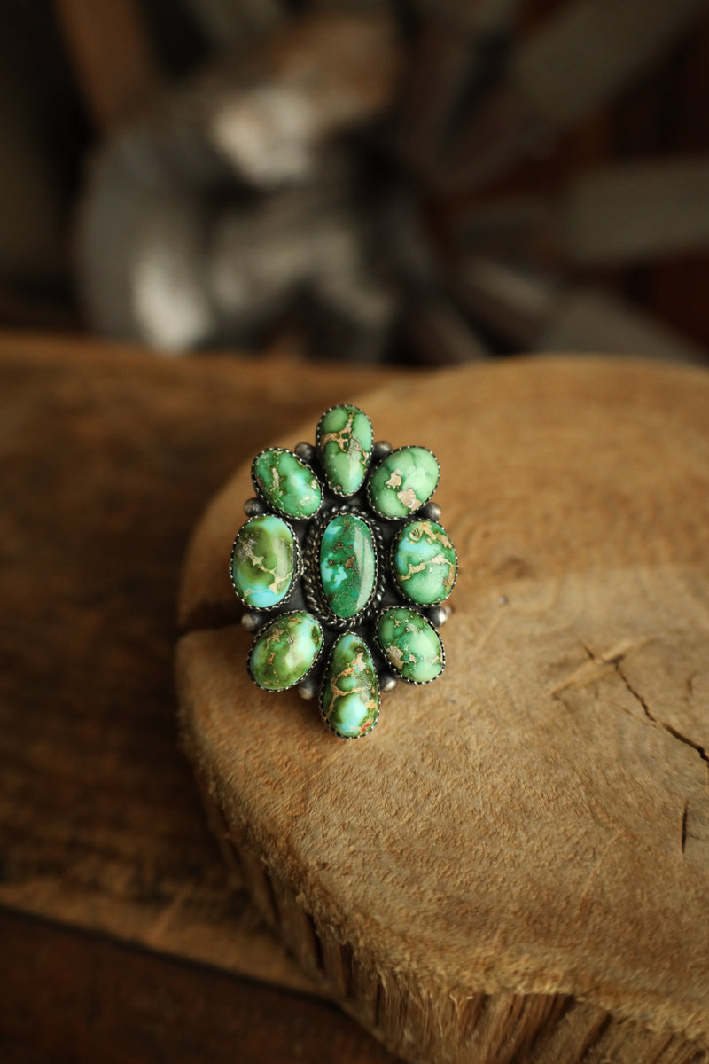 9 Green Turquoise Cluster Ring- Adjustable