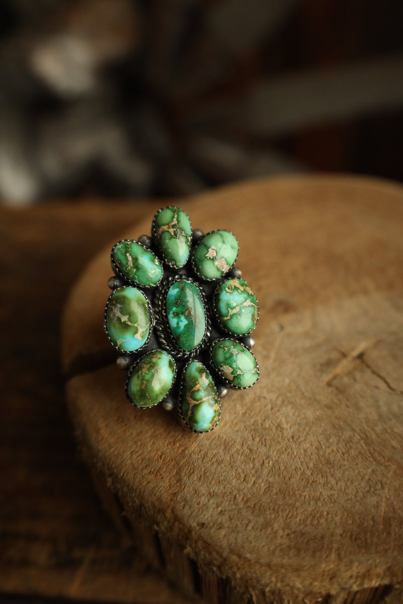 9 Green Turquoise Cluster Ring- Adjustable