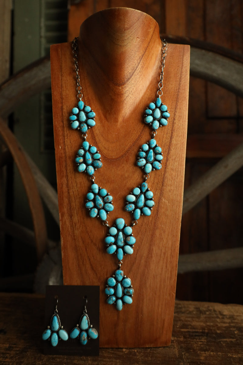 Turquoise Lariat Cluster Necklace and Earring Set