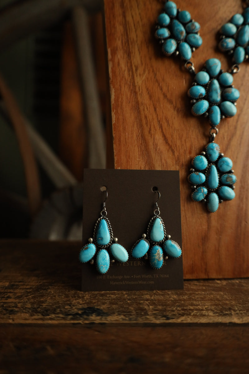 Turquoise Lariat Cluster Necklace and Earring Set