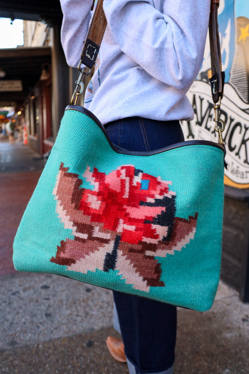 Totem Turquoise Rose Vintage 50's Textile Tote