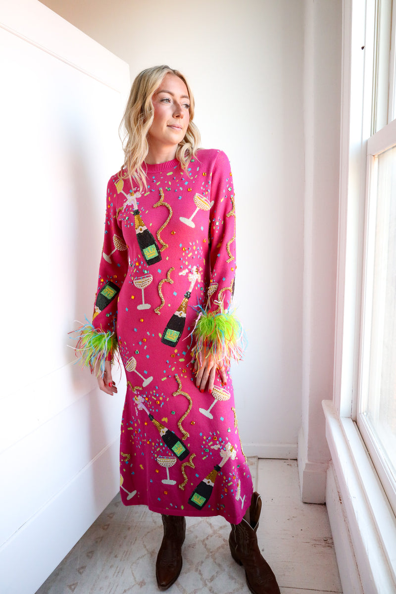 Queen Of Sparkles Champagne Feather Sleeve Dress 