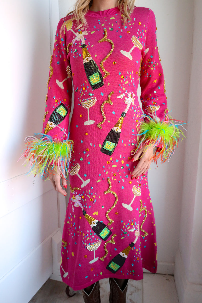 Queen Of Sparkles Champagne Feather Sleeve Dress 